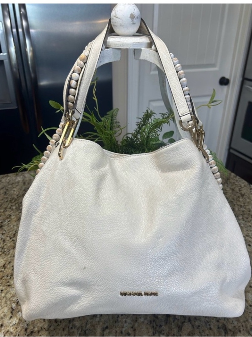 Michael Kors Ivory Leather Shoulder Hobo Bag.